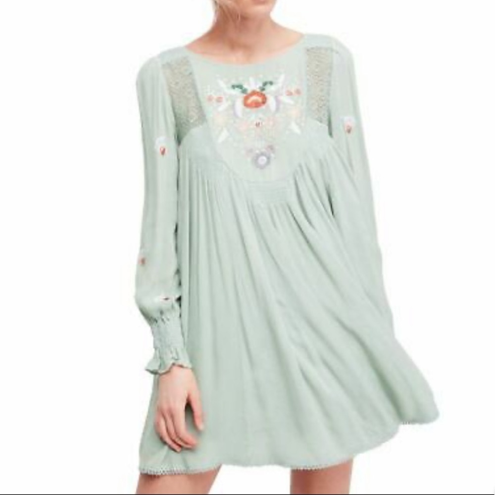 Free People Embroidered Mint Moya Mini Dress